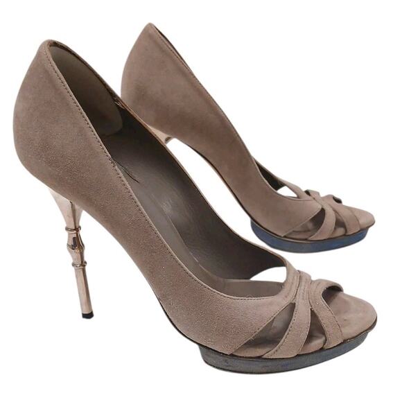 Gucci Grey Suede Open Toe Pumps Sz 36.5 Silver Bamboo Heels Stiletto Party Glam - Picture 1 of 16
